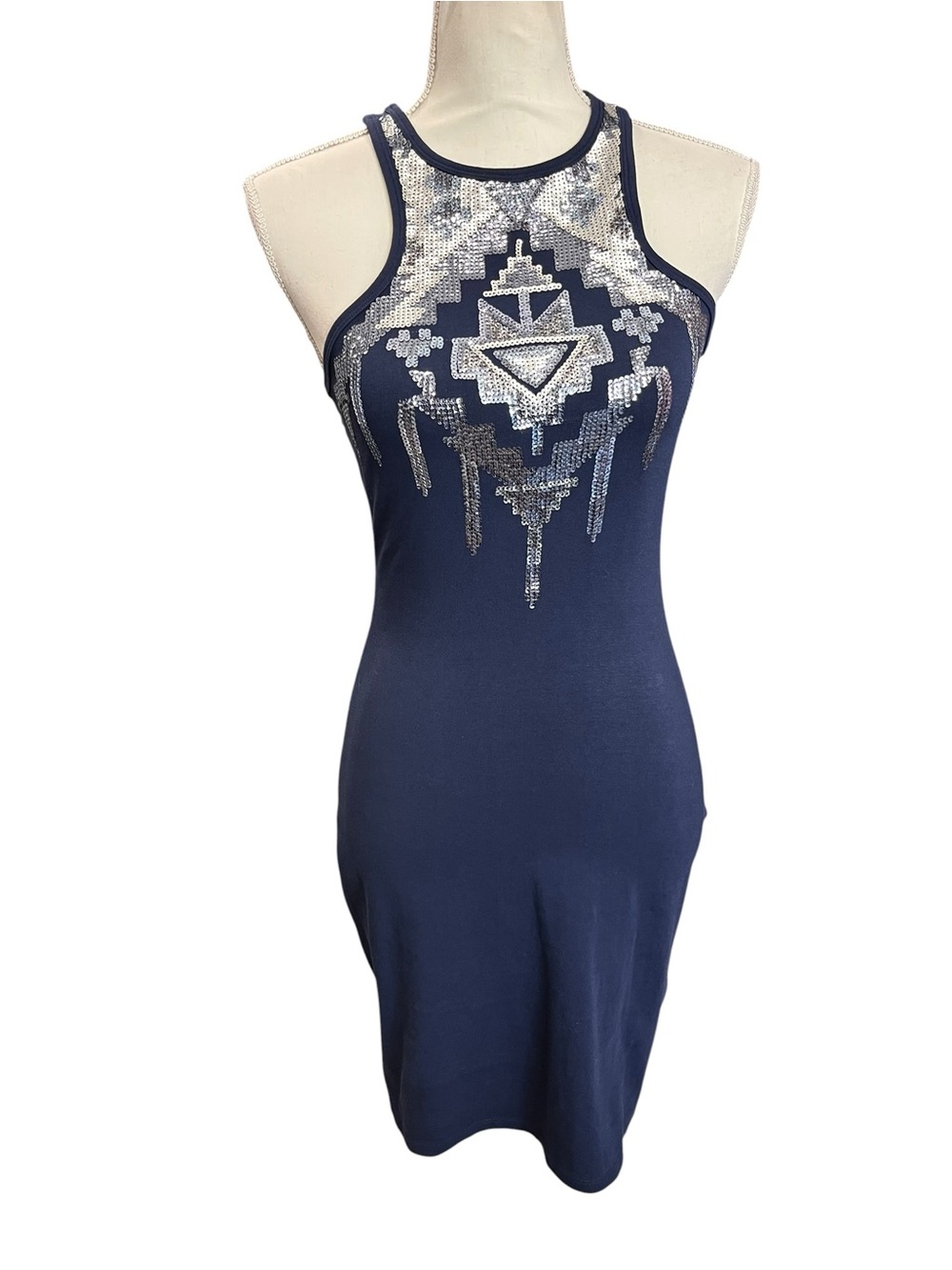 Express Sequin Aztec Bodycon Dress XS Navy Blue Racerback Stretch Mini - Picture 2 of 10
